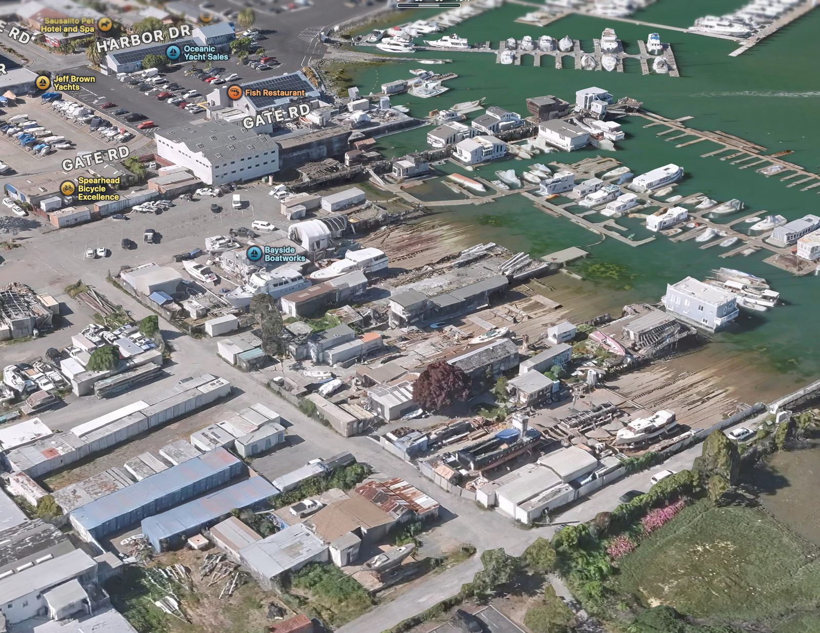 Aerial view of Richardson Bay Boatworks & Ways in Sausalito